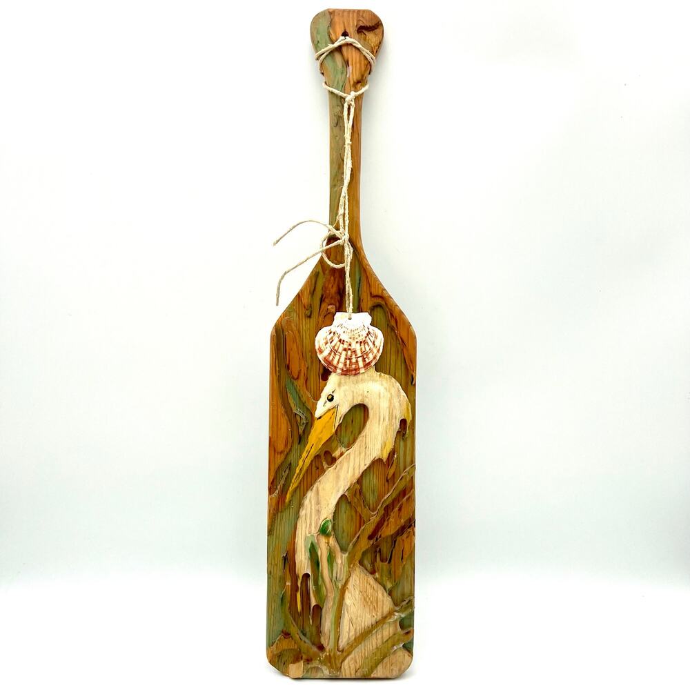 Hand Carved Wood Pelican Paddle Wall Art Seashell Coastal Folk Nautical Decor